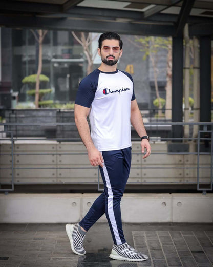 2 Pcs Man's Micro Fabric Plain Track Suit in Blue Round Neck