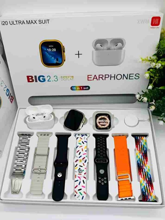 i20 Ultra Max Smart Watch for Men - 10 in 1 Smart watch With Airpods Pro & 7 Straps -Silver, Golden Smart Watch