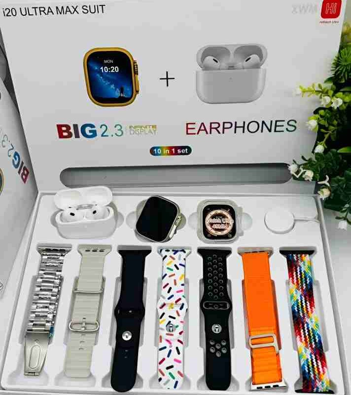 i20 Ultra Max Smart Watch for Men - 10 in 1 Smart watch With Airpods Pro & 7 Straps -Silver, Golden Smart Watch
