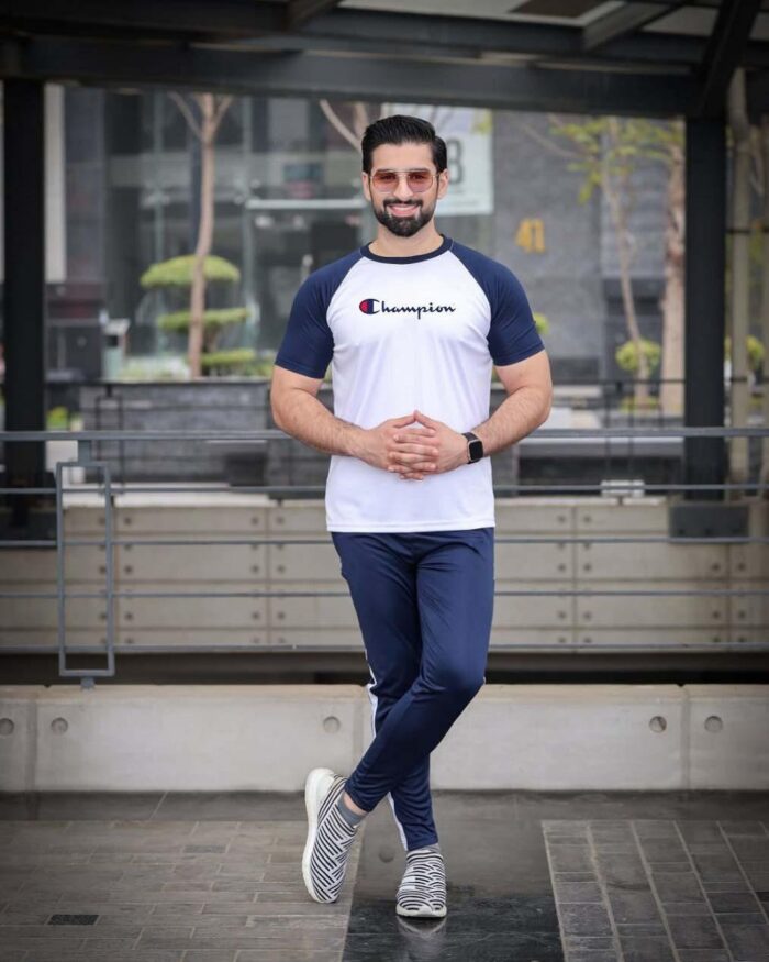 2 Pcs Man's Micro Fabric Plain Track Suit in Blue Round Neck - Image 2