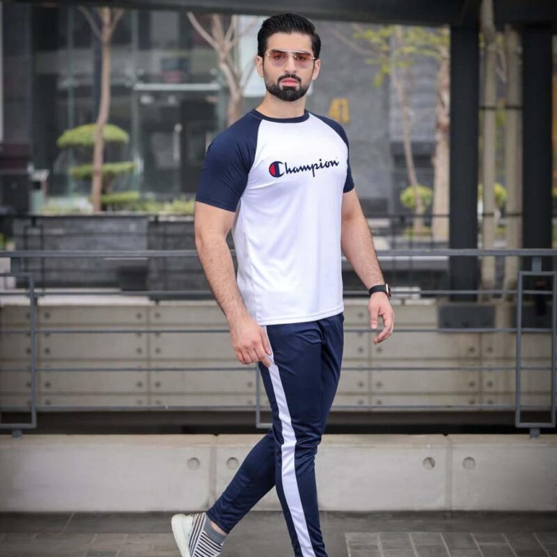 2 Pcs Man's Micro Fabric Plain Track Suit in Blue Round Neck