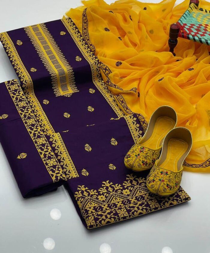 3 Pcs Woman Unstitched Cotton Embroidered