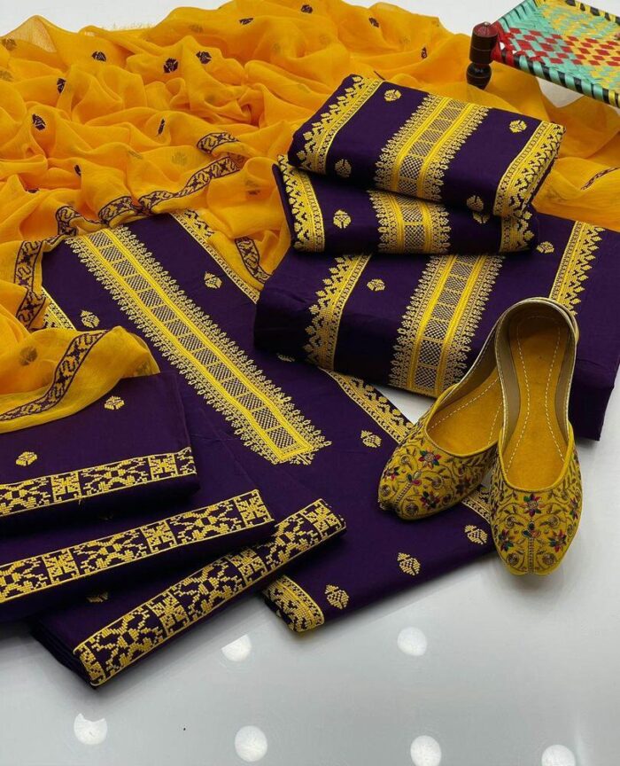 3 Pcs Woman Unstitched Cotton Embroidered - Image 2