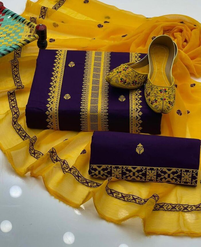 3 Pcs Woman Unstitched Cotton Embroidered - Image 3