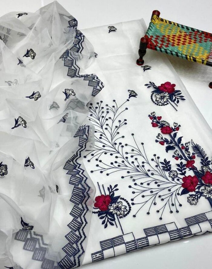 2 Pcs Woman Unstitched Khaddi Net Embroidered Suit