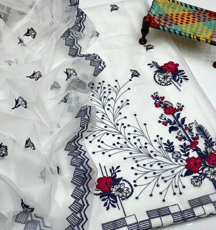 2 Pcs Woman Unstitched Khaddi Net Embroidered Suit