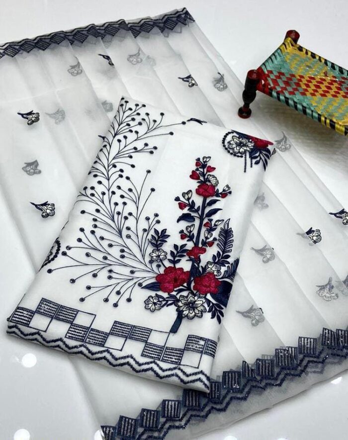2 Pcs Woman Unstitched Khaddi Net Embroidered Suit - Image 3