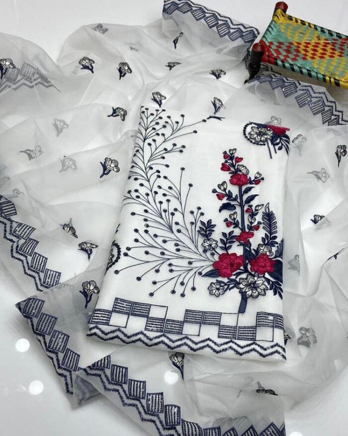 2 Pcs Woman Unstitched Khaddi Net Embroidered Suit - Image 2