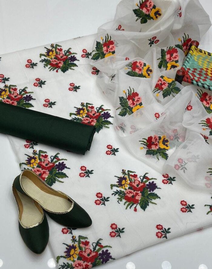 3 Pcs Woman Unstitched Khaddi Net Cross Stitch Embroidered Suit