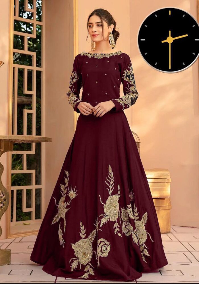 1 Pcs Embroidered Shamoz Slik Maxi Suit in Maroon