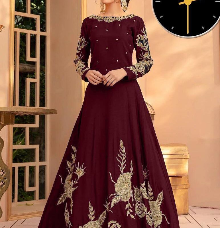 1 Pcs Embroidered Shamoz Slik Maxi Suit in Maroon