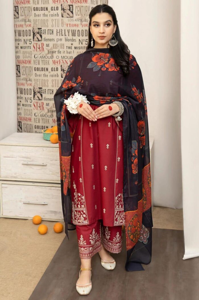 3 Pcs Woman Unstitched Embroidered Suit