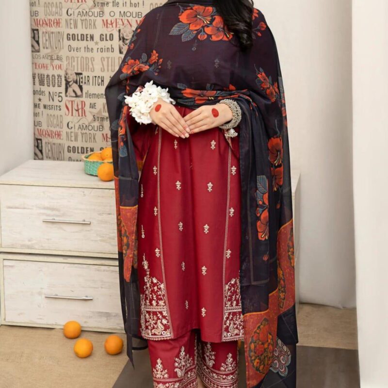 3 Pcs Woman Unstitched Embroidered Suit
