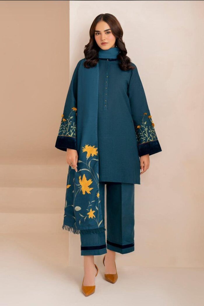 3 Pcs Woman Unstitched Dhanak Embroidered Suit