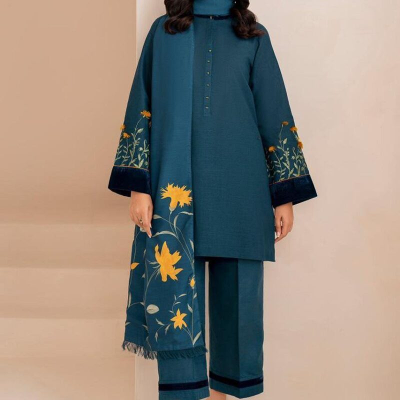 3 Pcs Woman Unstitched Dhanak Embroidered Suit