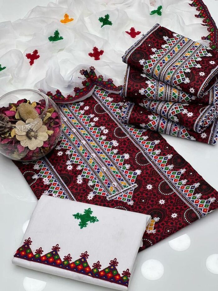 3 Pcs Woman Unstitched Cotton Embroidered Suit
