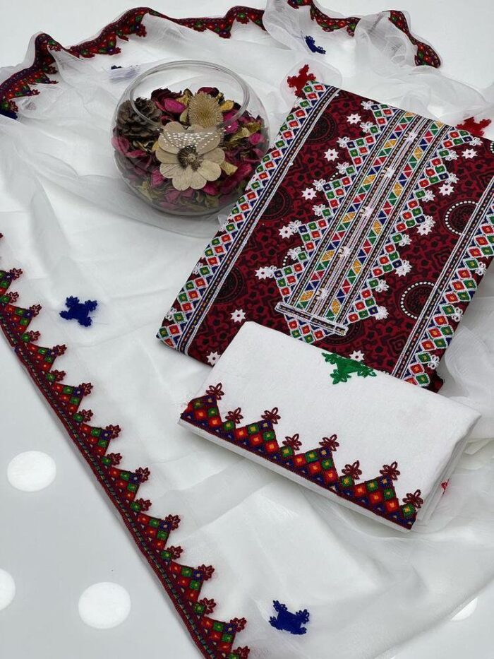 3 Pcs Woman Unstitched Cotton Embroidered Suit - Image 3